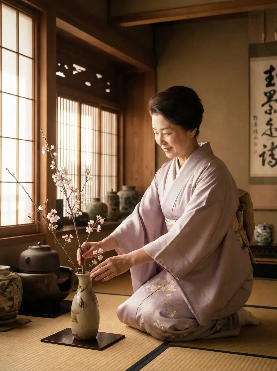 一位优雅的 财神体育 在和室中插花